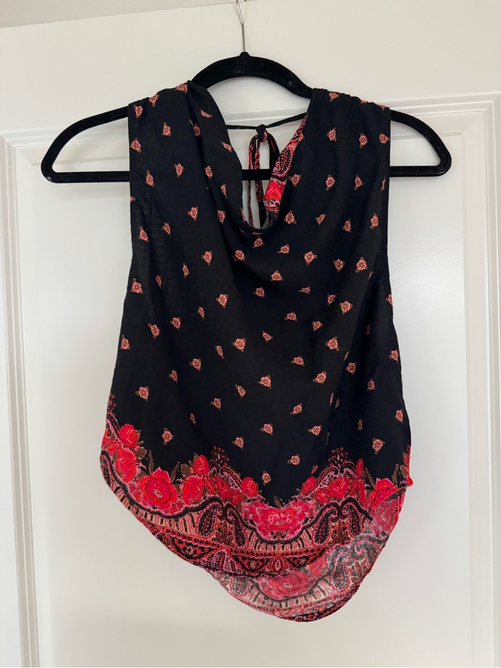 Free People Black Cowl Neck Tank with Red Floral Border